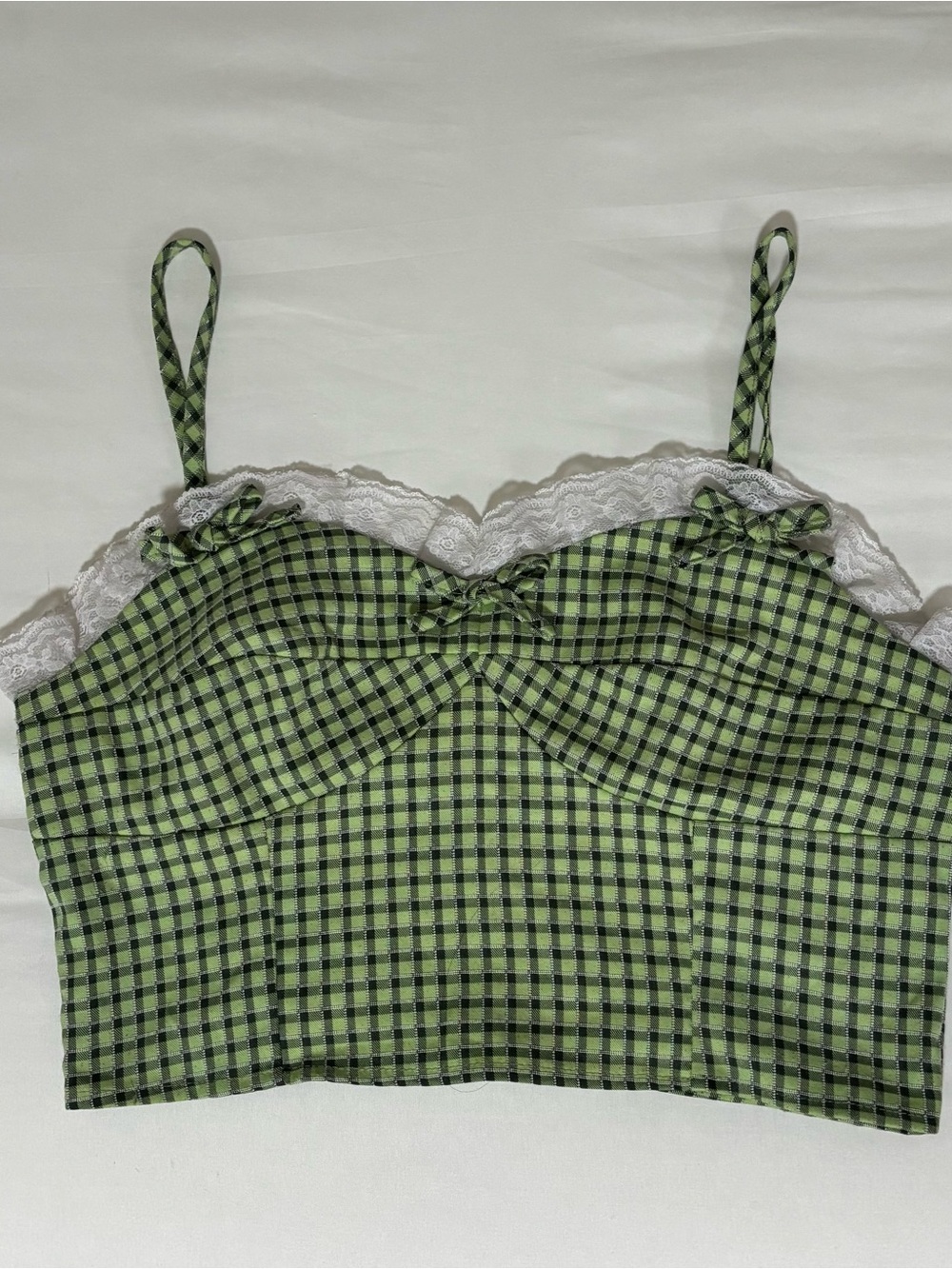 Cider Green Plaid Lace-Trim Crop Cami